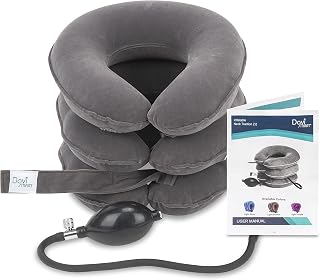 Cervical Neck Traction Device by DaviSmart, Inflatable Collar Brace, Adjustable Neck Stretcher, Neck Support, Ideal for Spine Alignment and Chronic Neck Pain Relief + Eye Mask (Gray)
