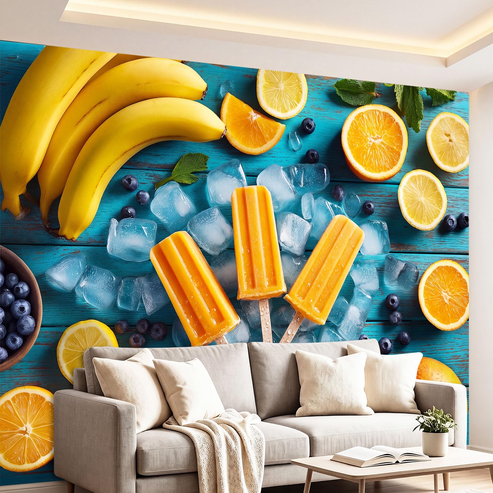 Carta da parati fotografica arancione ghiacciolo tavolo in legno, 400 x 280 cm (larghezza x altezza), carta da parati fotografica estiva, decorazione da parete per soggiorno, camera da letto e cucina