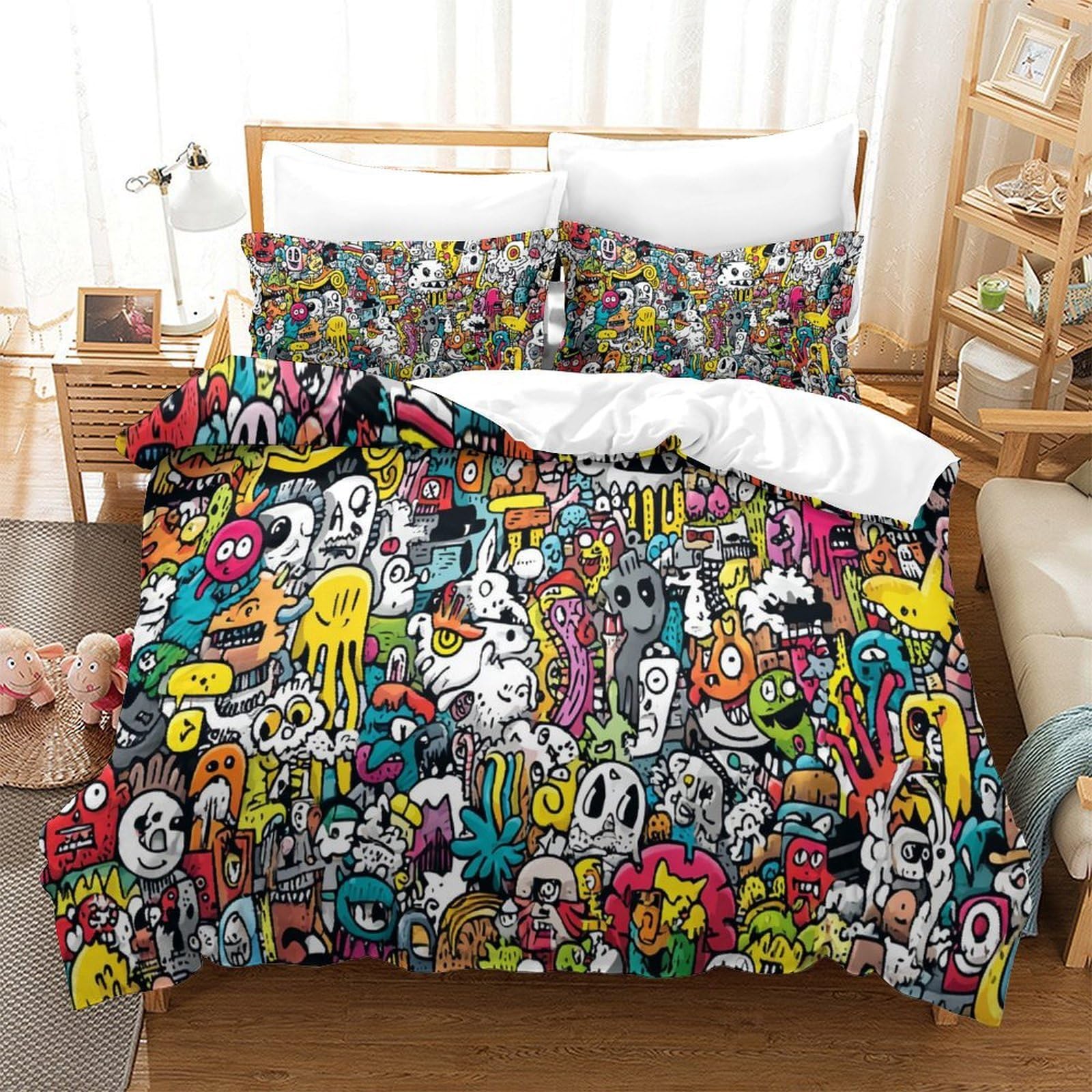 QDZHCPMYK Graffiti 3D Printed Comforter Cover Set Duvet Cover Bedding Set for Kids Teens Boys Room Decor Microfiber Quilt Cover 3 Pcs with Pillow Case Hidden Zipper Double（200x200cm）