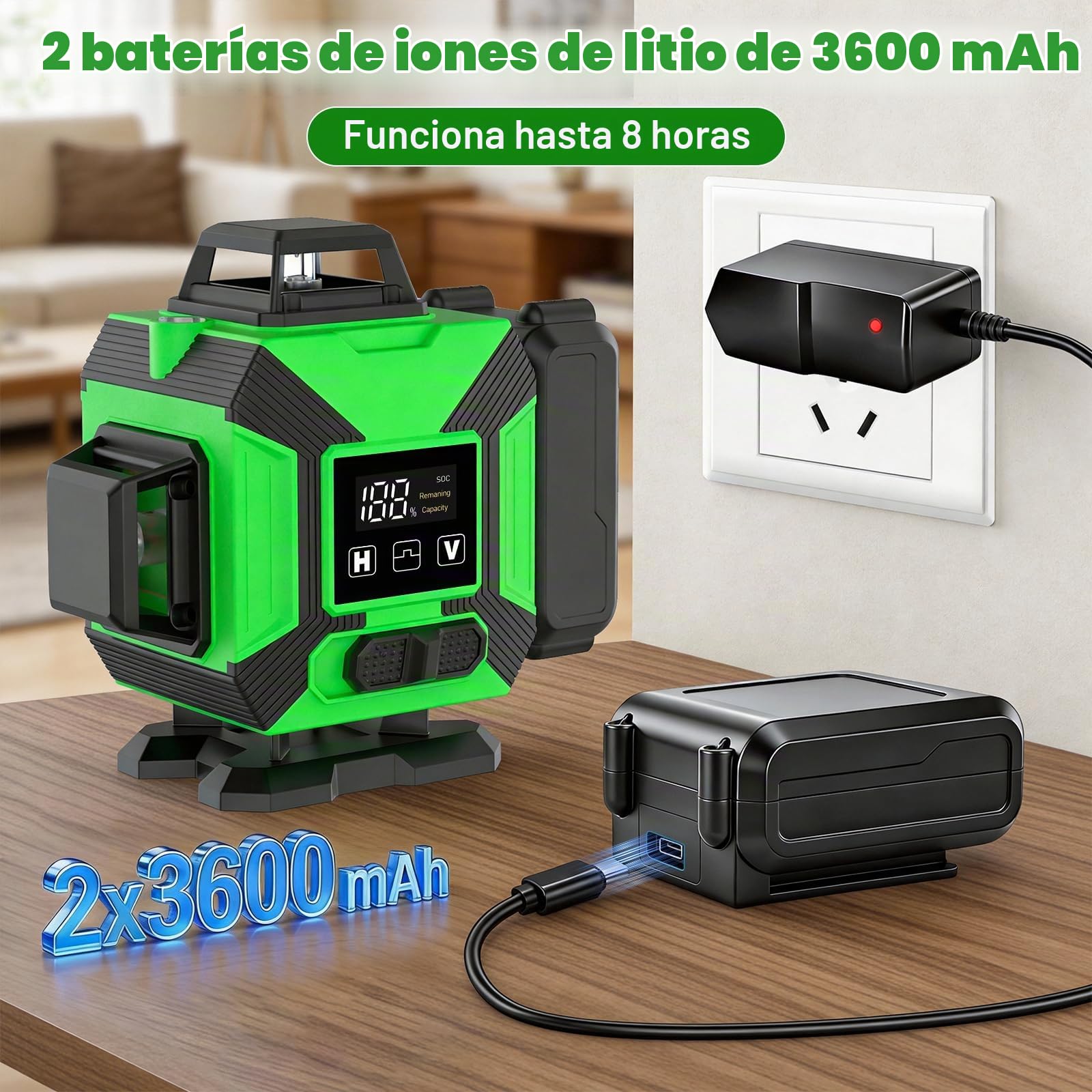 Nivel Láser Autonivelante 4x360°, Nivel Láser Verde 16 lineas con Tripode | 2x3600mAh Batería, Soporte de Pared Control Remoto, Grado IP54 Para Construcción, Alicatado