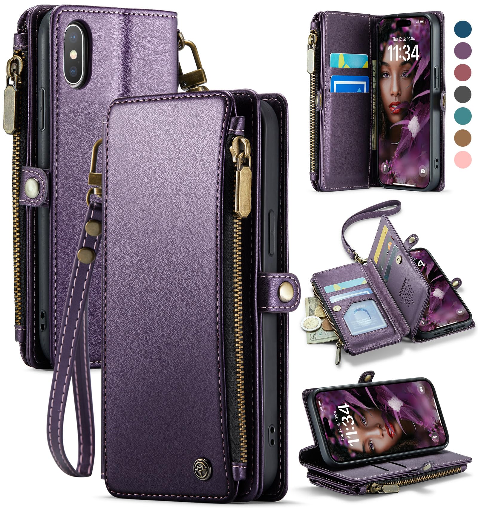 Photo 1 of Defencase Compatible with iPhone X/XS Case Wallet with RFID Blocking Card Holder for Women Men, Fashion PU Leather Magnetic Snap Flip Zipper Strap Wallet Phone Case Fit for iPhone Xs & X 5.8", Purple
