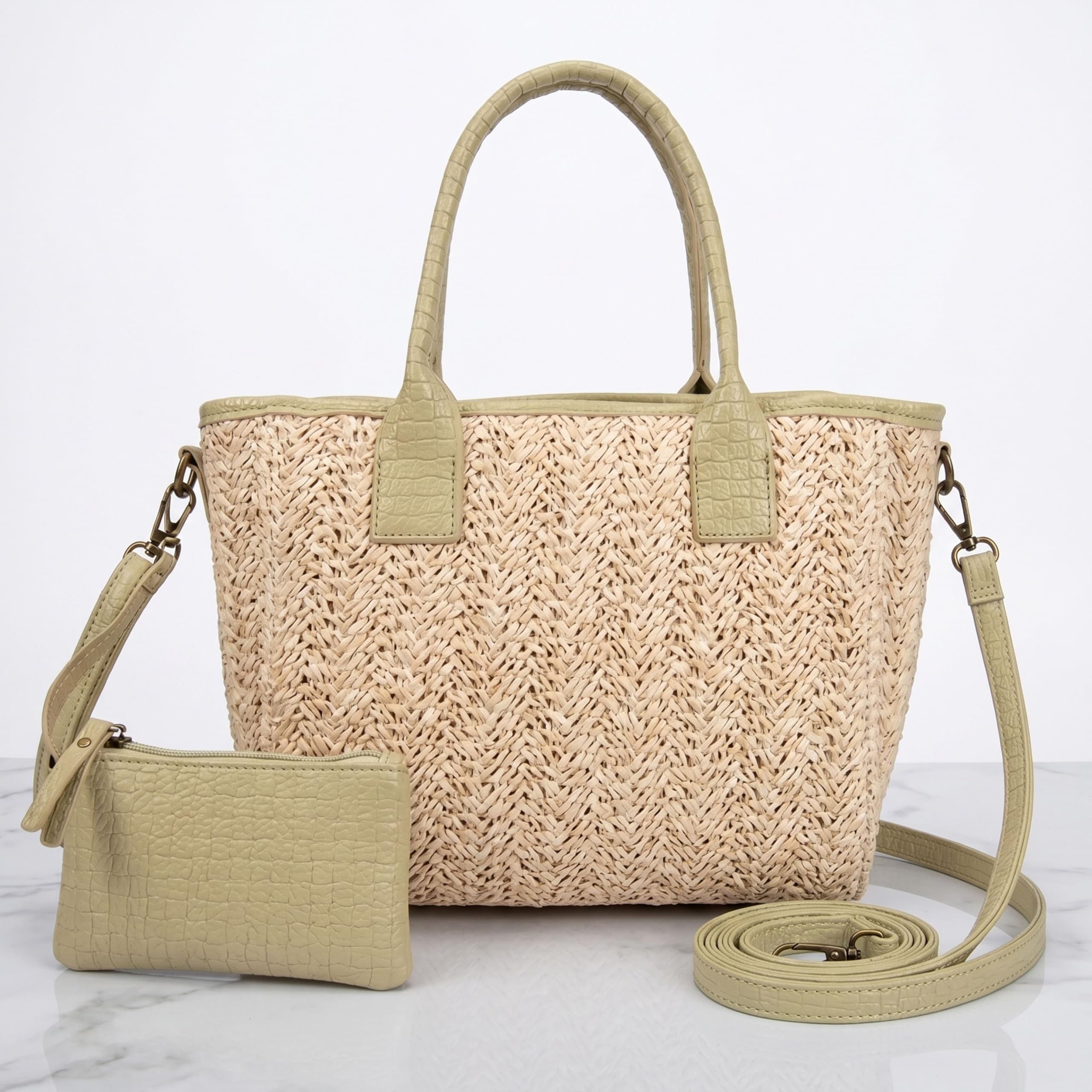 Bolso de Verano Mujer - Bolso Rafia Mujer con Detalles en Verde - Bolso Mimbre - Monedero a Juego - Cesta de Playa con Cremallera (Verde)