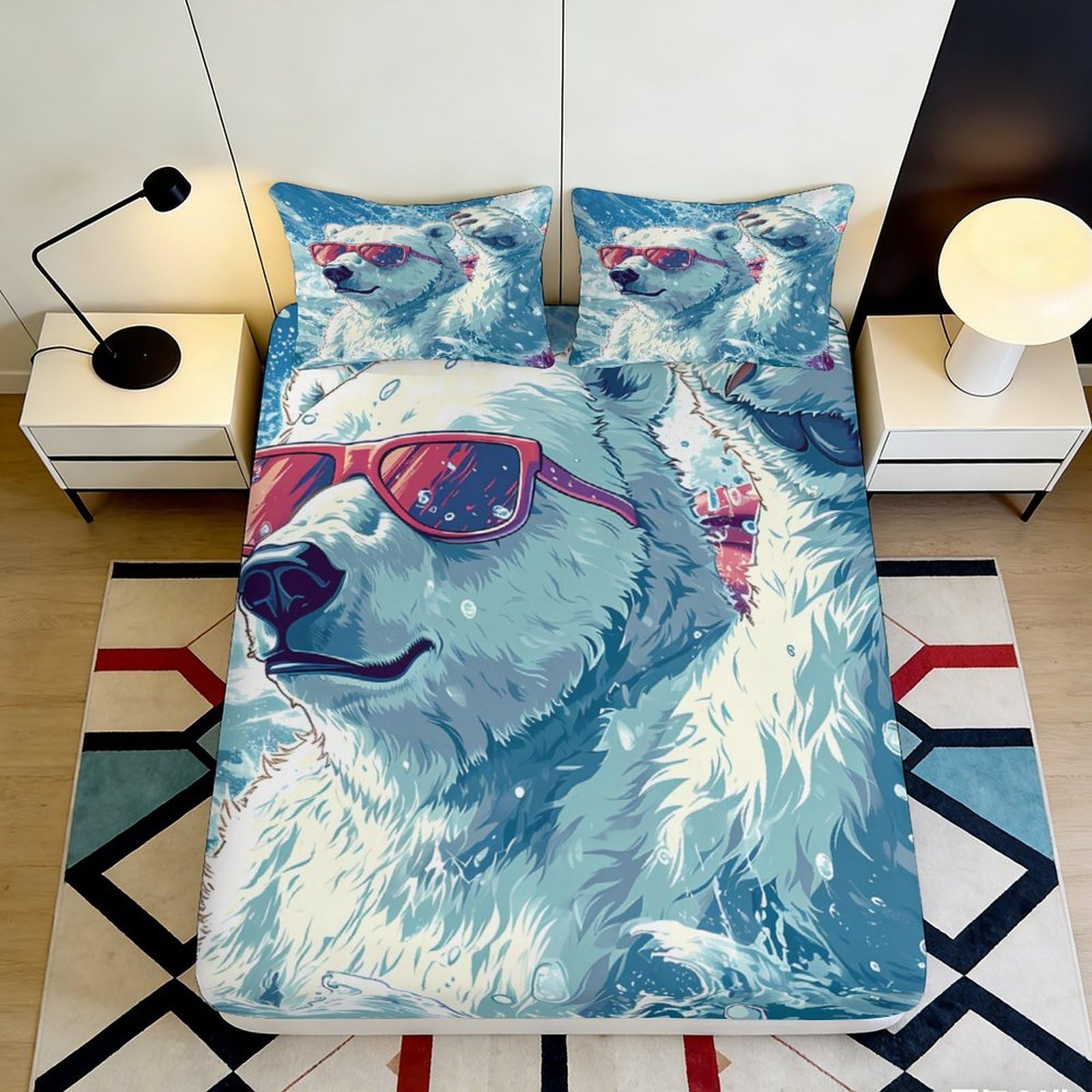 3D Printed Polar Bear Pattern Fitted Sheet Microfiber Soft Durable Printed Bear Bed Cover for Bedroom Dormitory Guest Room Mattress Protection 160x200x25cm