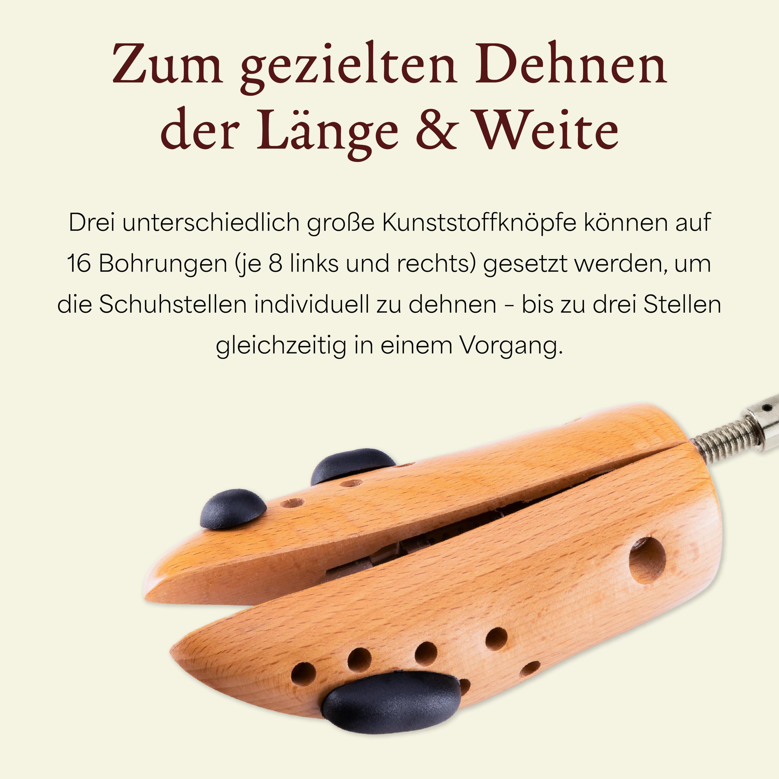 Langer & Messmer Schuhdehner für Herren gegen drückende Schuhe oder Stiefel - gefertigt aus massivem Buchenholz und Mechanik aus Metall - Dehnt in Weite und Länge inkl. Lederdehnerspray 50ml