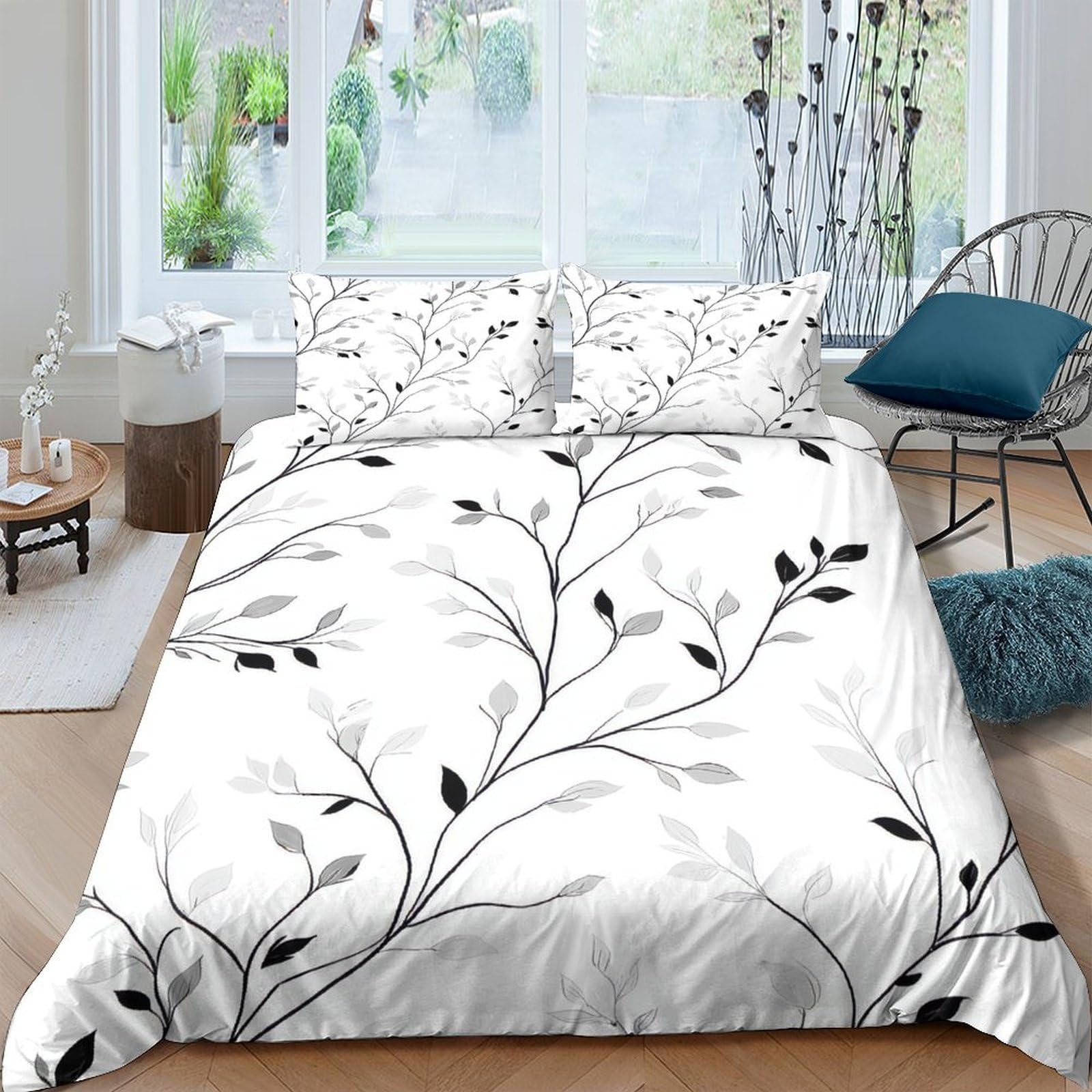Ctjqhvkz Style-1 3D Printed Black Branch Fitted Sheet Microfiber Soft White Leaves Mattress Cover For Bedroom Guest Room Home Decor Single（135X200cm）