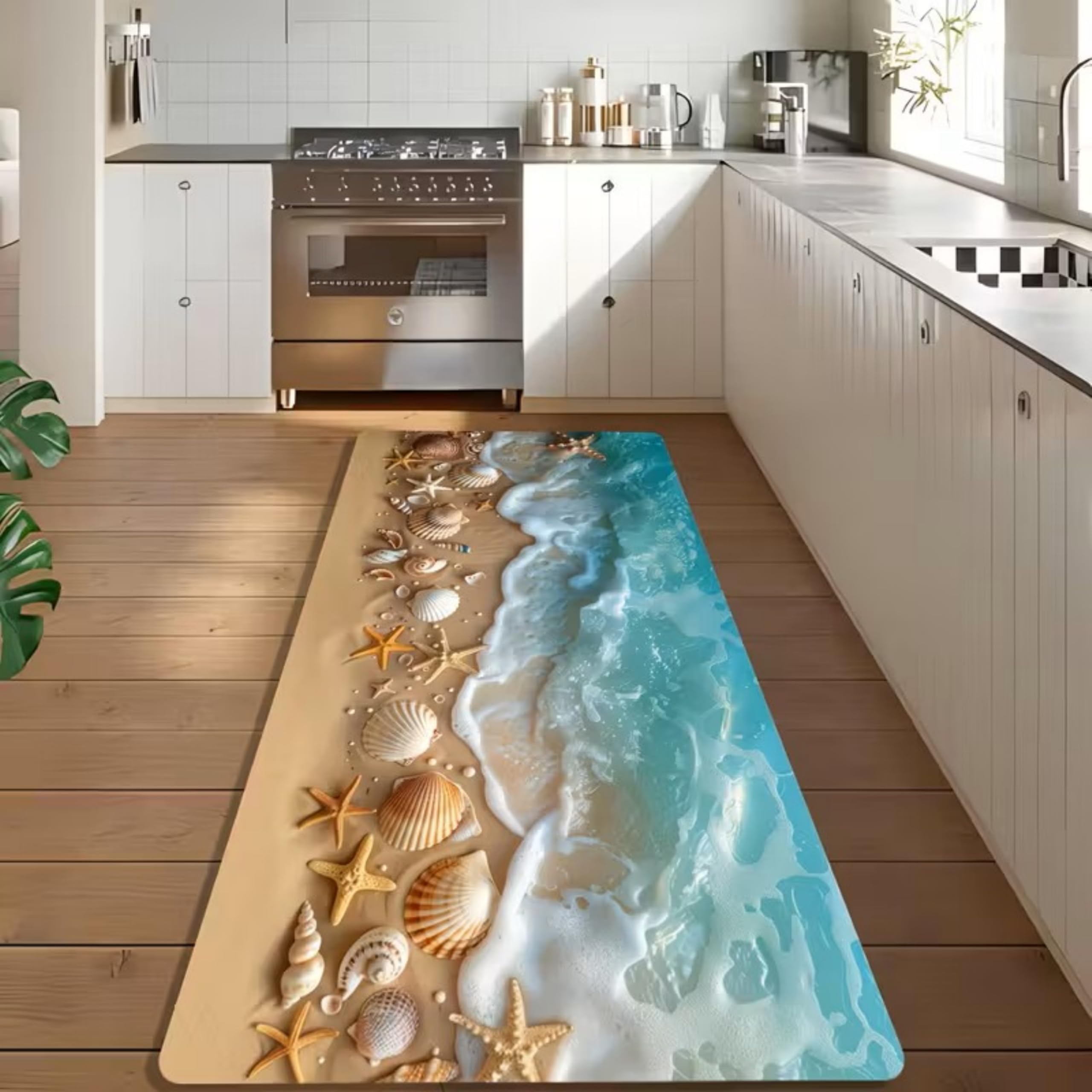SOJAWA Beach 3d Visual Rug, 80x300cm, Starfish Shell Conch Pattern, Beach Wave Theme Mat, Kitchen Non-Slip Rug, Soft Washable Hallway Long Runner Rugs, Beachs Theme Home Decor