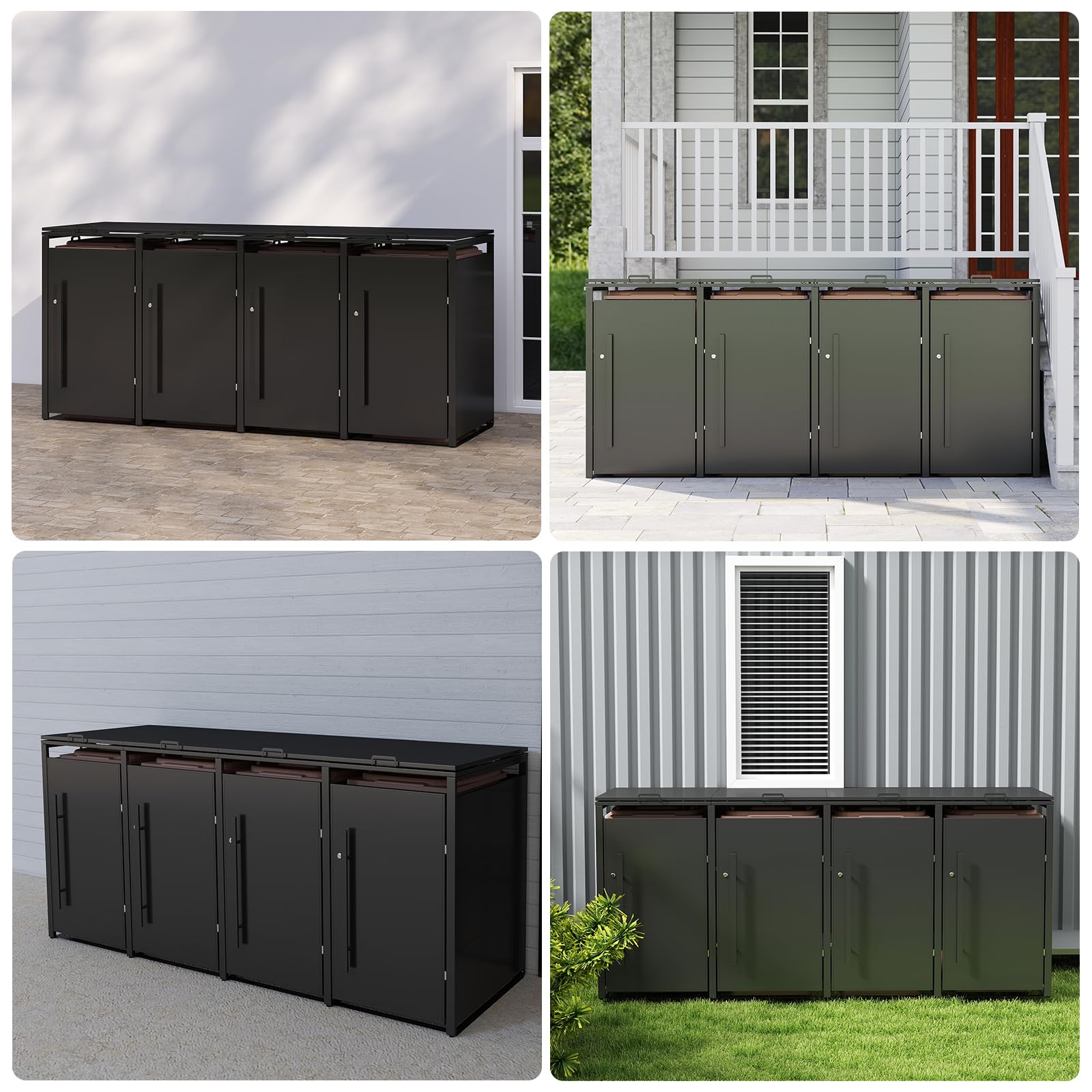 Youyijia Metallische Mülltonnenbox für 120-240 Liter, 264 x 80 x 116 cm, Mülltonnenlagerung für 4 Tonnen, Verzinktes Stahl-Müllschuppen, Außendeckel mit abschließbarer Tür für Garten und Hinterhof