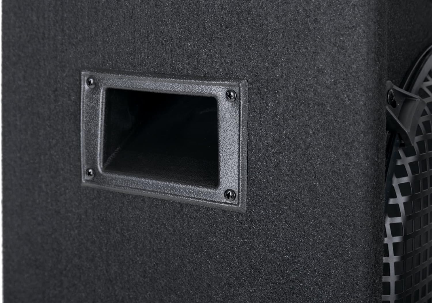 Close-up of the integrated carrying handle on the McGrey DJ-1222 PA speaker