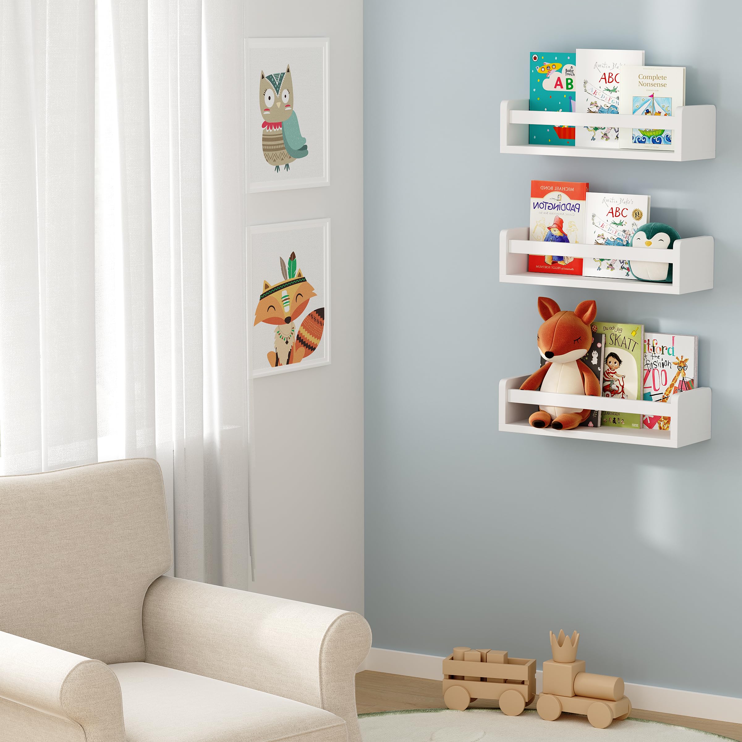 Bücherregal Kinder 2er set,40CM Weiß Nursery Bücherregale für Wand für Kinderzimmer, kleine Wand montiert Kiefer Holz Bücherregal für Baby Teen Jungen Mädchen Schlafzimmer Badezimmer Spielzeug