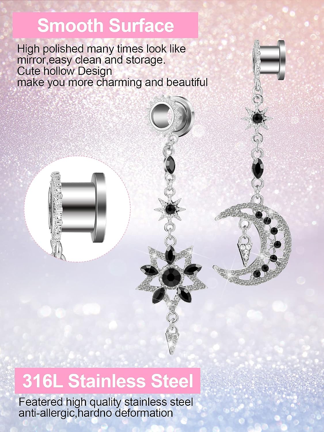8 Pcs 10 mm Dangle Gauges for Women Sliver Stainless Gauge Earrings Hypoallergenic Chain Ear Tunnels with Moon Star Leaf Dangle Chain for Gen Z & Piercing Enthusiasts, Daily & Festival Wear