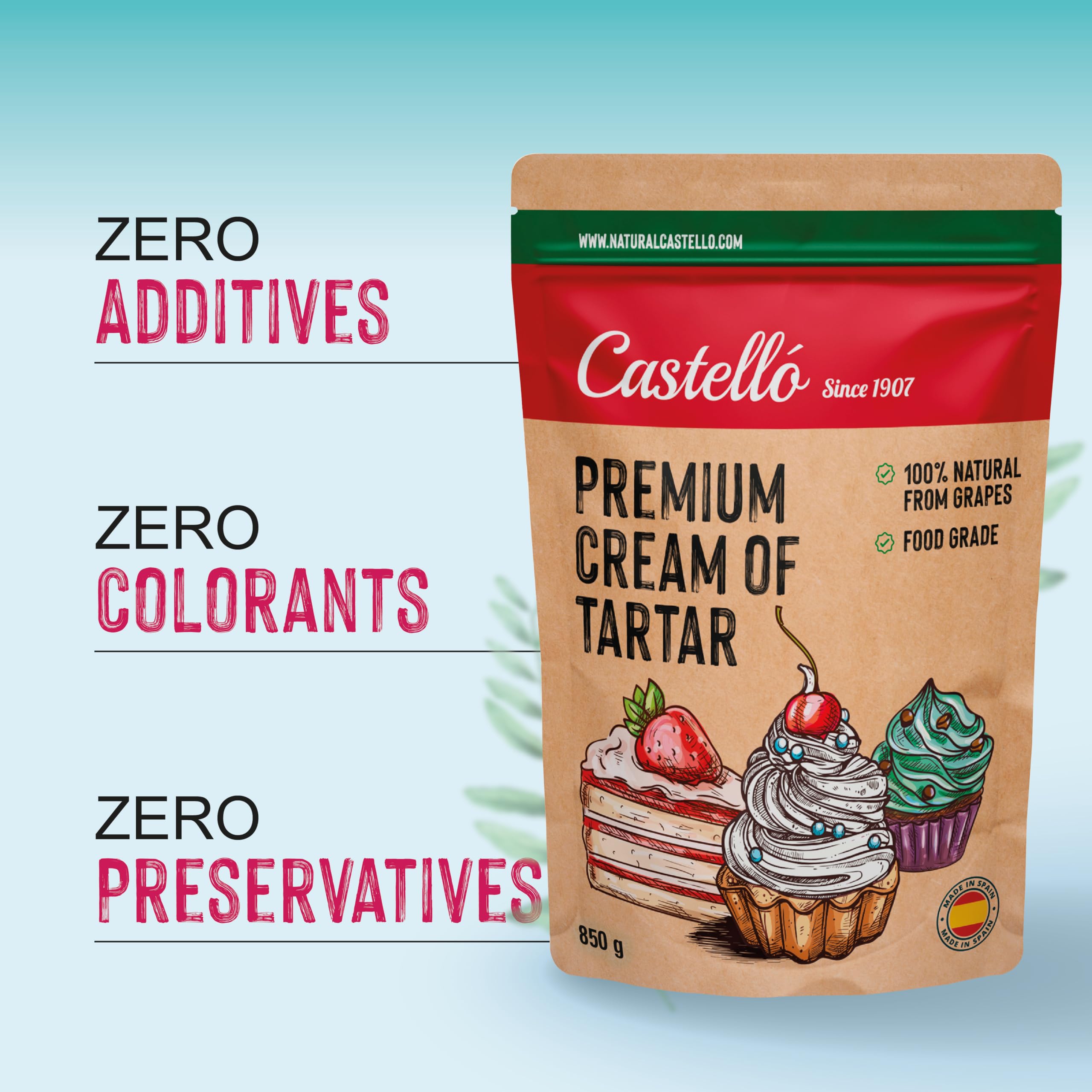 Castello since 1907 Cremor Tártaro (Cream of Tartar) 850 g - 100% Natural - Sustituto Natural de la levadura química - Sin Gluten - Sin aditivos - Sin fosfatos - Keto Y Paleo - No OGM