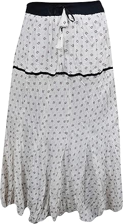 Mogul Interior Womens Maxi Skirt White Printed Elastic Waist Boho Gypsy Long Skirts M
