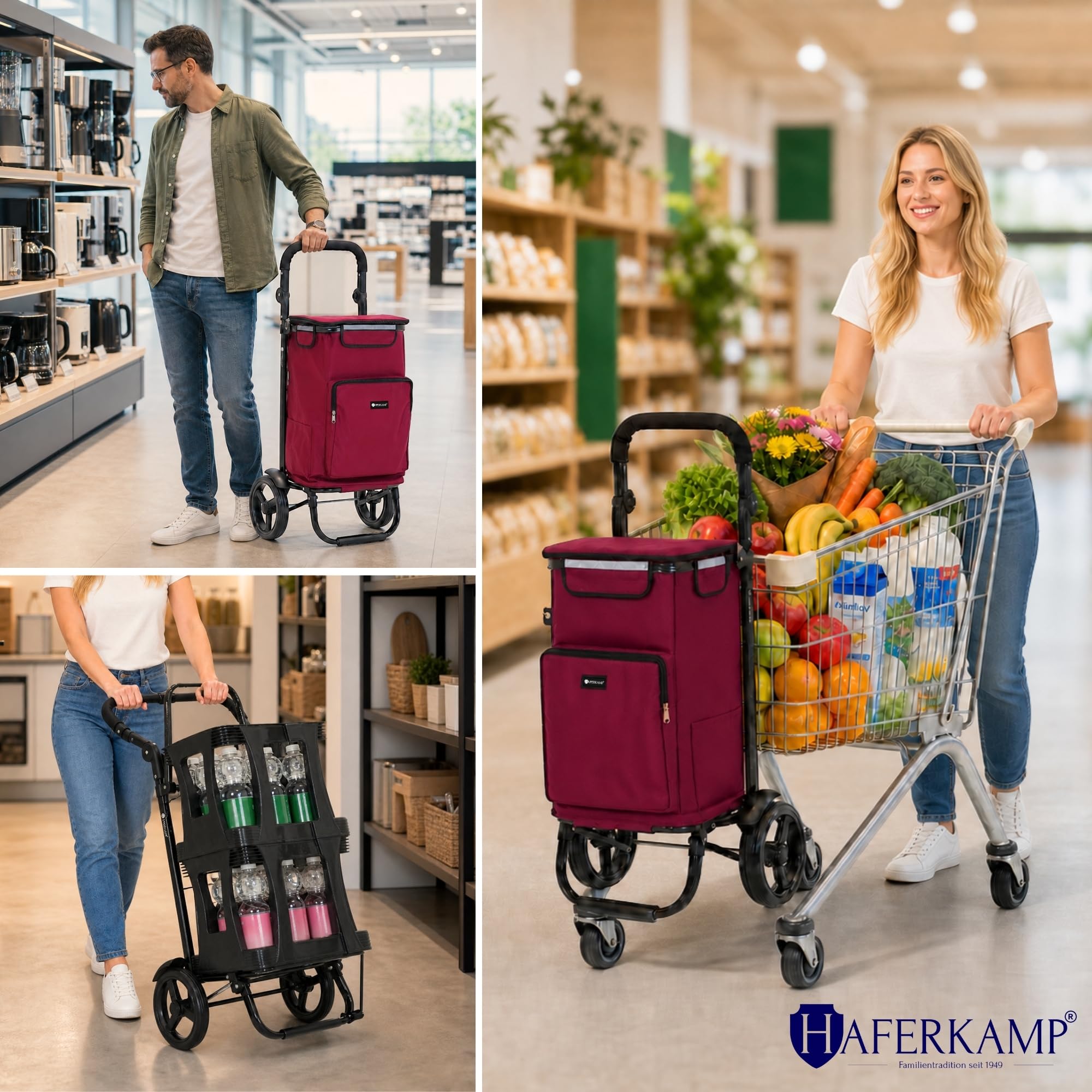 Klappbarer Einkaufstrolley TRAGINO 3-in1 Einkaufswagen, Bordeaux Rot | mit Kühl- und Getränkefach, groß, modern & abnehmbare Tasche, höhenverstellbar, mit Reflekotren, Volumen: 60 Liter