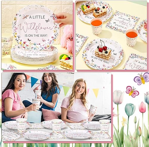 Vista 84 de Hushee Juego de 200 platos florales de papel para baby shower, servilletas, tazas, suministros de fiesta de baby shower, juego de vajilla desechable