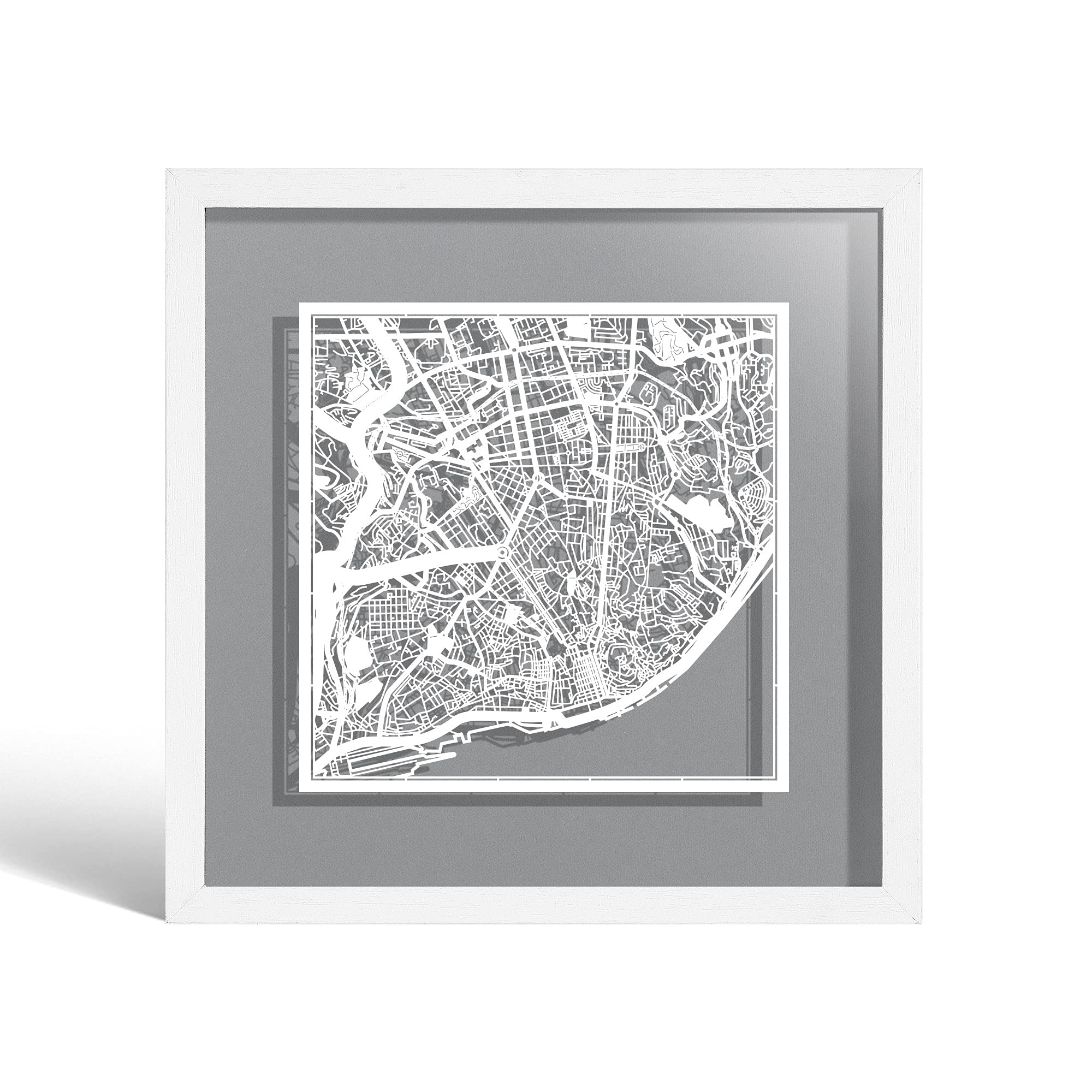 O3 DESIGN STUDIO Lisbon Paper Cut Map framed, White map, White frame, 23x23 cm, Gift Boxed, 4 background color, self-changing, Paper Art