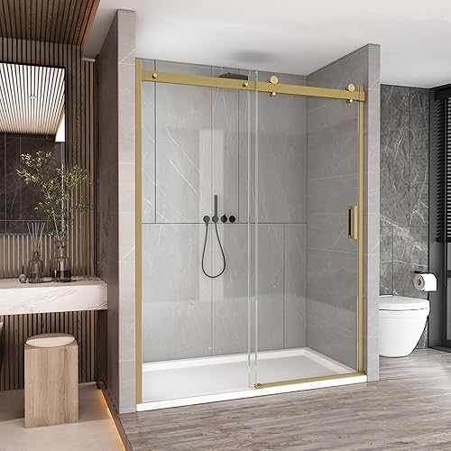 Miniatura 15 de Sunrosa Puerta de ducha semi-sin marco, 59-2/8 pulgadas de ancho 60 pulgadas de alto, puerta corredera simple con vidrio templado 5/16 pulgadas Oro