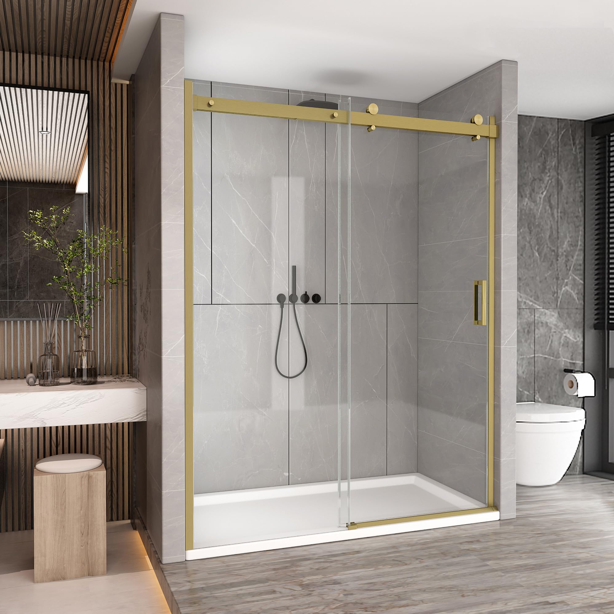 Sunrosa Semi-Frameless Glass Shower Door, 51-55" W x 76" H Single Sliding Shower Door with Tempered Glass 5/16"(8mm), Brushed Gold