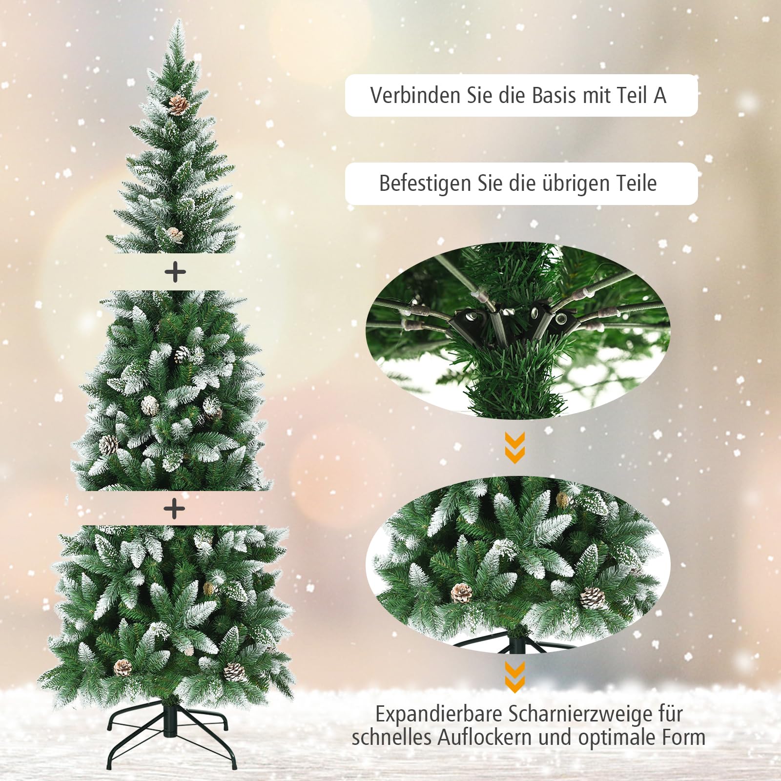 GOPLUS 180/220 cm schneebedeckter Weihnachtsbaum, künstlicher Christbaum mit beschneiten Spitzen & Tannenzapfen, Tannenbaum künstlich mit PVC Nadeln & Metallständer (180cm)