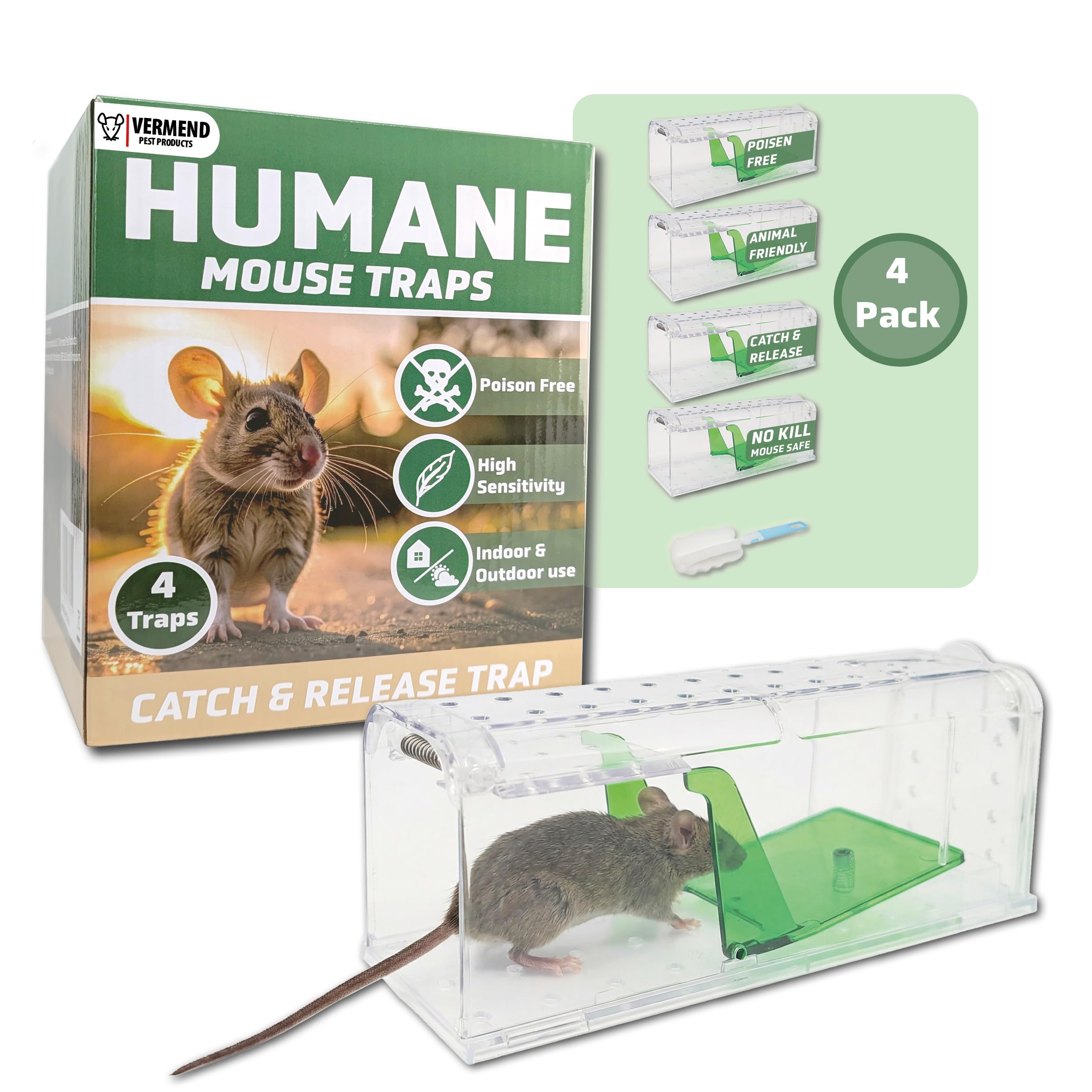 Vermend Humane Mouse Traps - No Poison, No Glue, No Harm | 4 Pack | Reusable Catch & Release Trap for Mice with Cleaning Brushes | Safe for Children, Dogs, and Cats | For the House & Garden