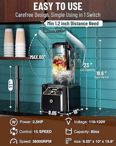 Miniatura 6 de WantJoin - Licuadora comercial profesional con carcasa reductora de ruido, de 2200 W, de potencia industrial fuerte y silenciosa, grado profesional
