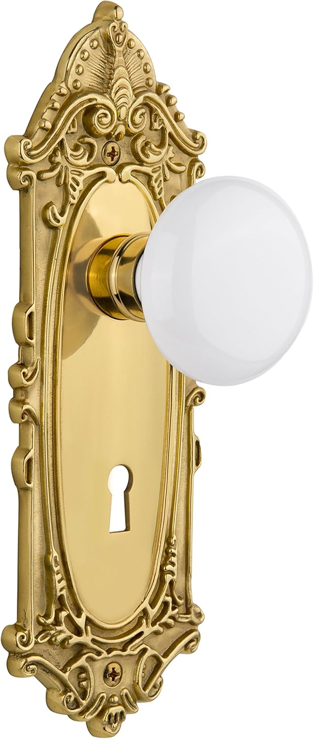 Suреr Chеар 🛒 Nostalgic Warehouse Victorian Plate with Keyhole White Porcelain Knob, Mortise - 2.25", Polished Brass