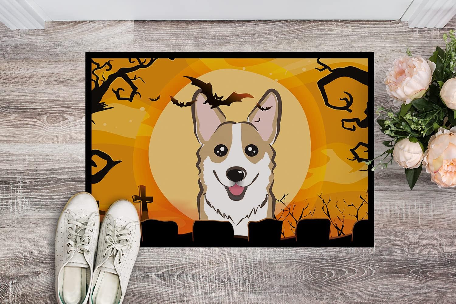 Caroline's Treasures BB1811MAT Halloween Sable Corgi Doormat 18x27 Front Door Mat Indoor Outdoor Rugs for Entryway, Non Slip Washable Low Pile, 18H X 27W