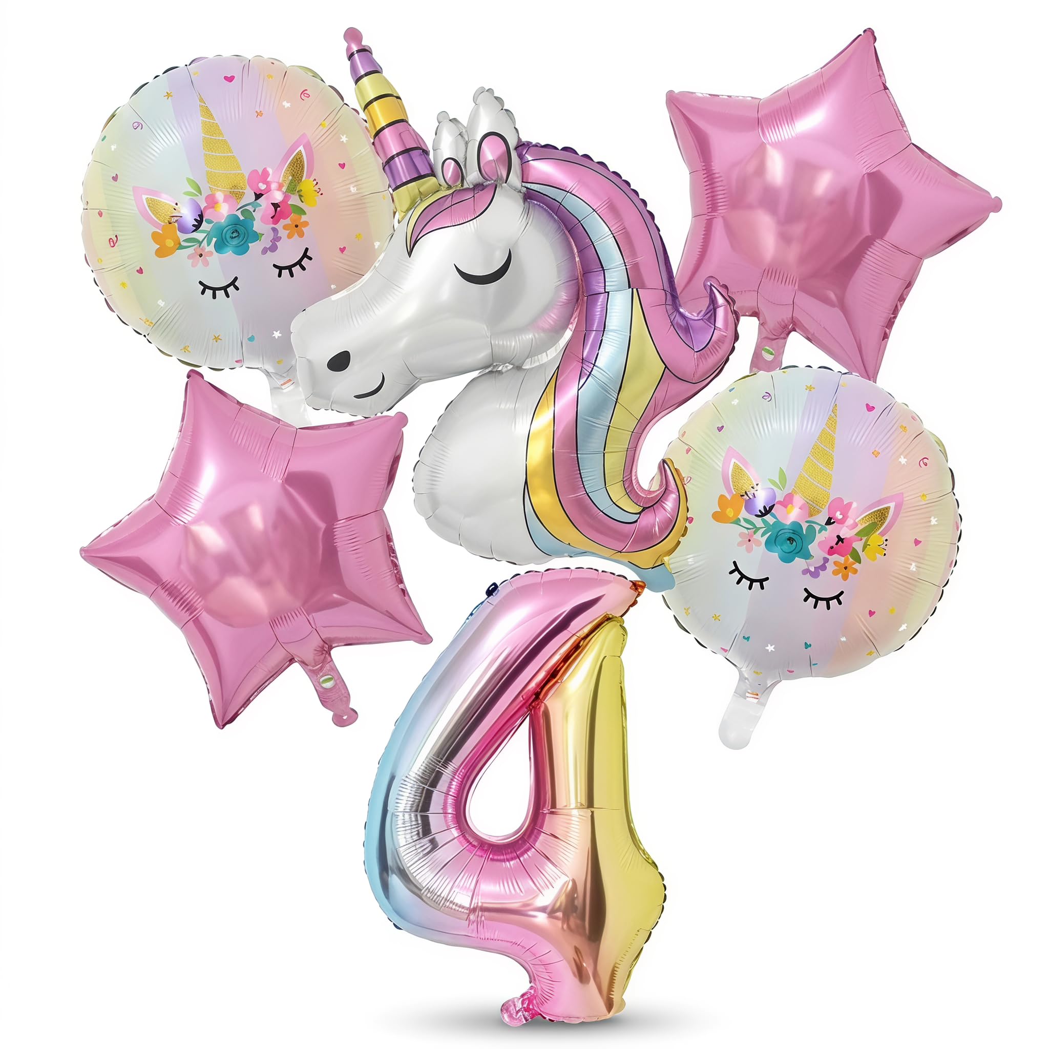 CavspkArt 6Pcs Unicorn Balloons Set, Self Standing 3D Unicorn, Large Number 6, Star Foil Balloons for Girls 6th Birthday Party Decorations Kit, Purple Pink Rainbow Theme (Number 4)