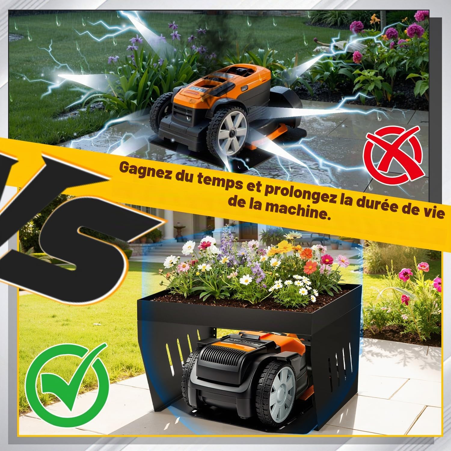 garage pour robot tondeuse, Garage pour robot tondeuse avec jardinière, Garage pour robot tondeuse résistant au vent et aux intempéries, Protégez le robot tondeuse des rayons UV, Abri en acier