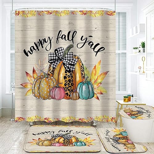 Miniatura 2 de DDQQ Juego de cortinas de ducha de otoño de Acción de Gracias con alfombras, 4 piezas con diseño de calabaza y cuadros de calabaza, juego de