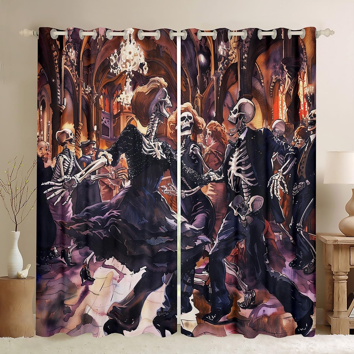 Vintage Dance Party Window Curtains Romantic Skull Dancer Window Treatments Gothic Halloween Theme Window Drapes for Kids Mid Century Grommet Top 2 Panel Set Bedroom Curtains,38Wx45L inch