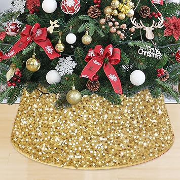 Gold Christmas Tree Collar 60 cm Sequin Tree Skirt Round Velvet Trees Skirts Merry Christmas Glitter Trees Box Collars Artificial Xmas Trees Stand Base Cover for Festival Decor