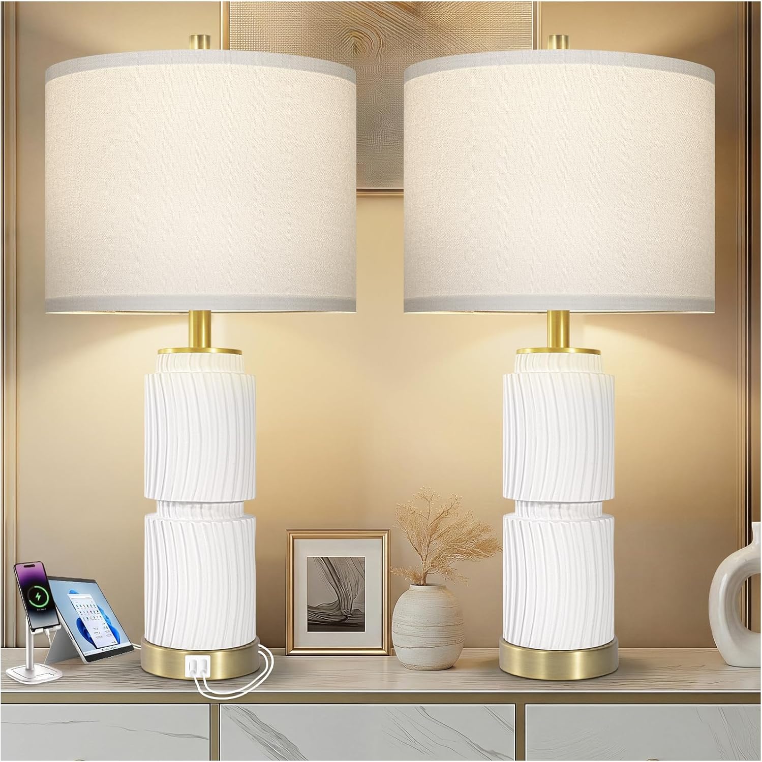 27" Faux Stone Boho Table Lamps Set of 2, Modern Lamps for Living Room with USB A+C Ports, Rustic Nightstand Table Lamps with Linen Shade for Bedroom, Living Room, Office (Bulb Included)