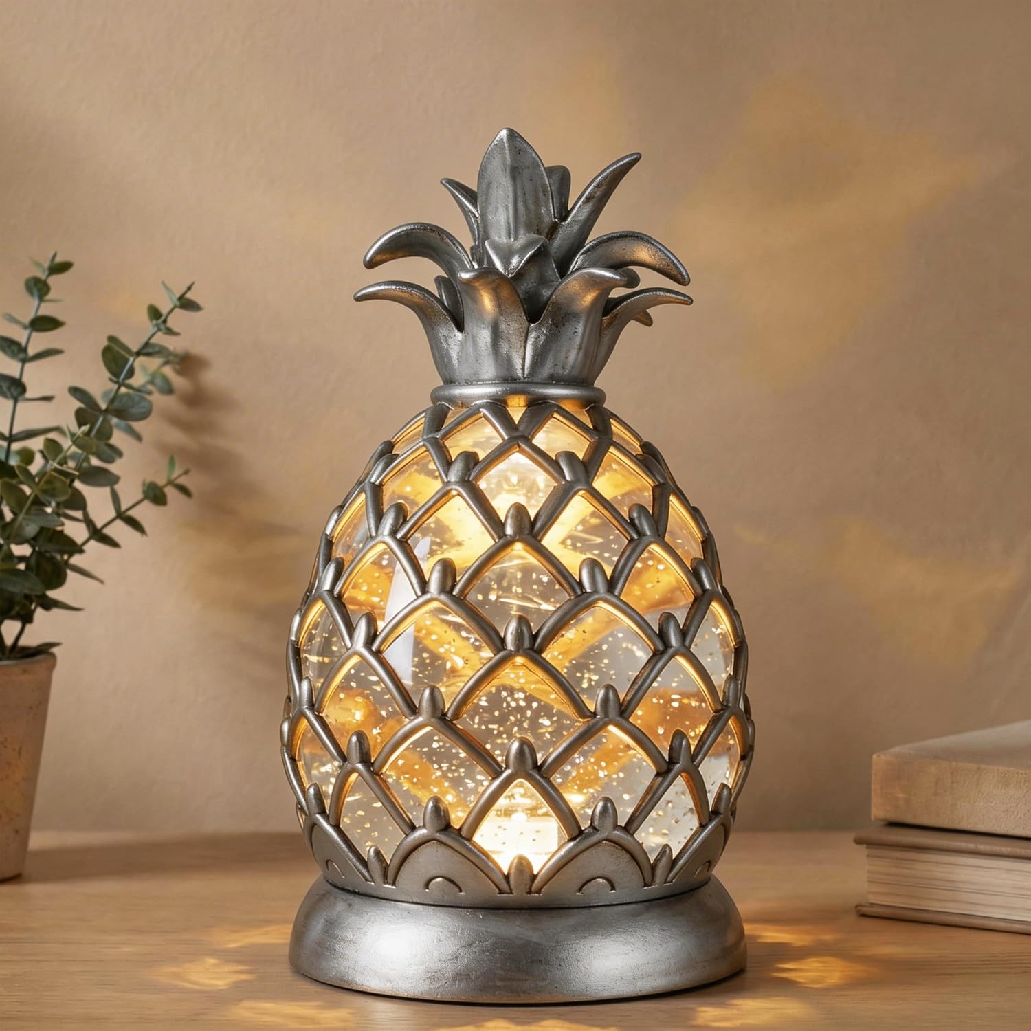 8.3 in Pineapple Table Lamp with Swirling Glitter and 6 Hours Timer, 3 Modes (ON/OFF/TIMER) USB & Battery Operated Cool White LED Night Light, Decorative Lamp for Bedroom, Living Room, Office Gift