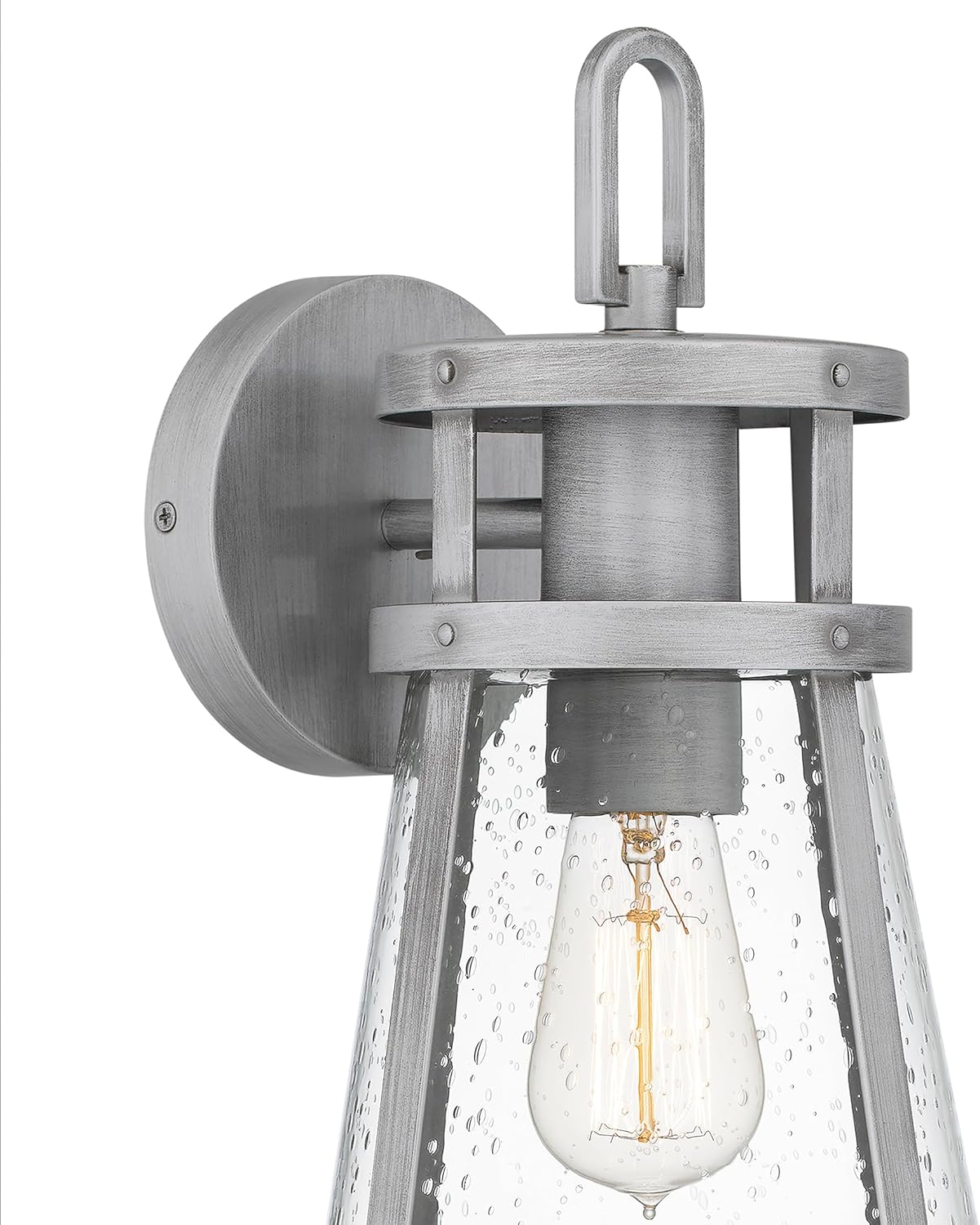 Close-up of Quoizel Barber Outdoor Wall Lantern showing the bulb and seeded glass
