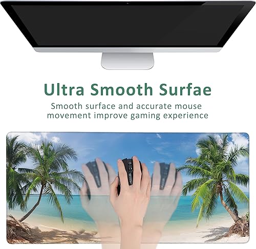 Miniatura 4 de Alfombrilla de mouse grande con diseño de palmera de coco y playa tropical, alfombrilla de mouse extendida para juegos, bordes cosidos, base de goma