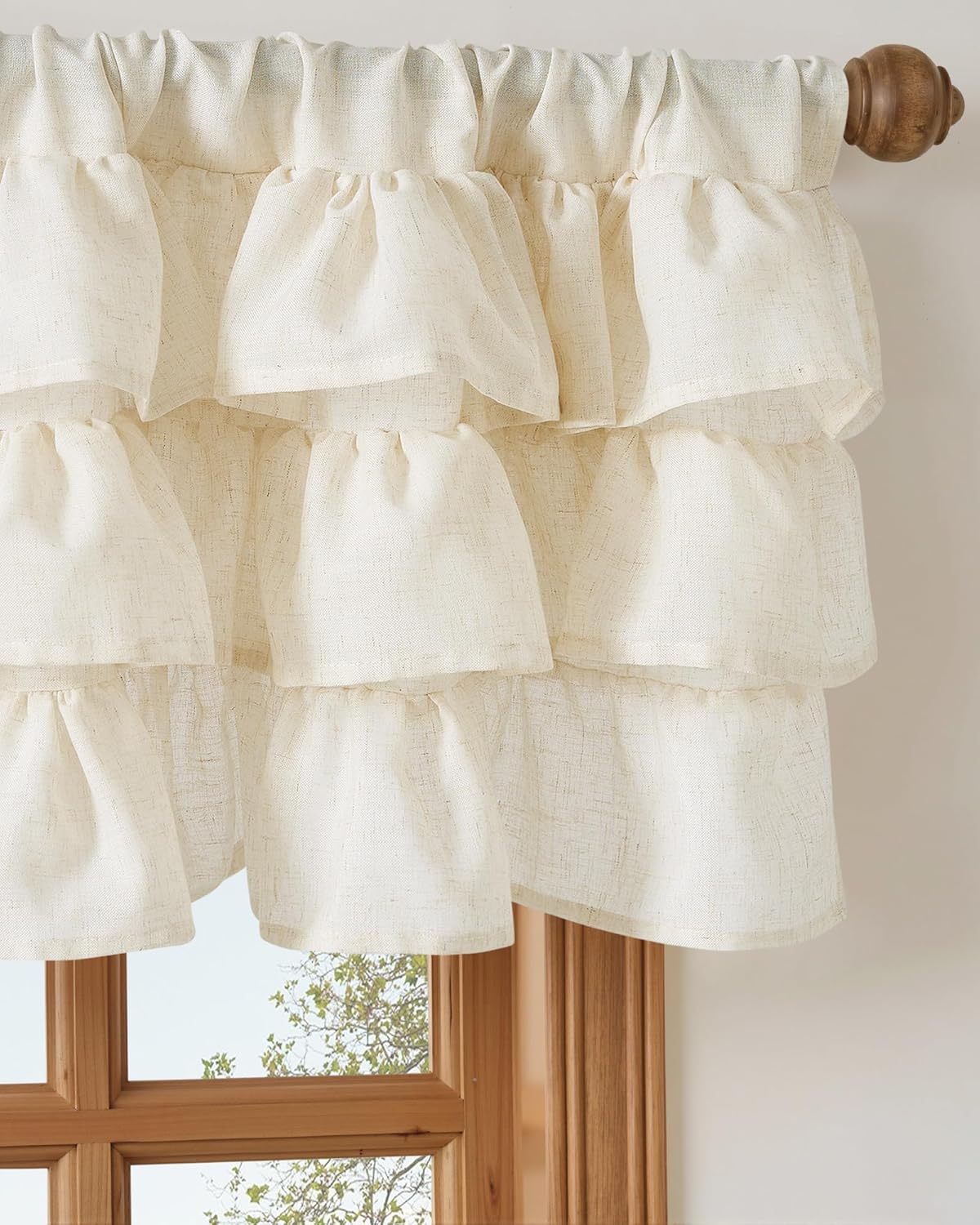 NICETOWN Farmhouse Valance Curtains 18 Inches Long for Kitchen & Bathroom, Rod Pocket Ruffled Three-Tiered Linen Texture, Shabby Chic Light Filtering Window Treatments, 52 W