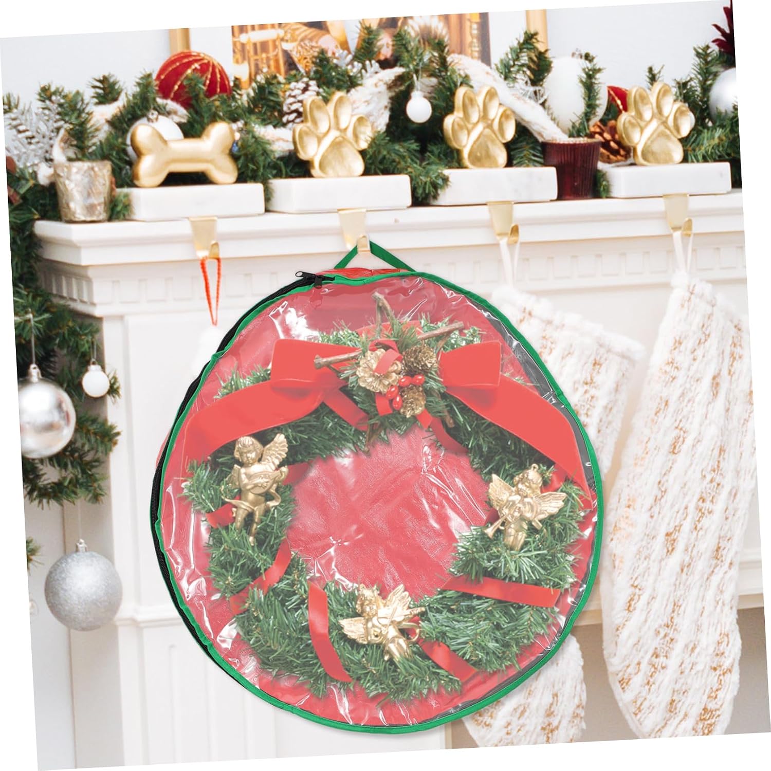 Round Wreath Storage Bag with Clear Window Xmas Garland Holder Festival Packing Organizer for Holiday Decoration Storage