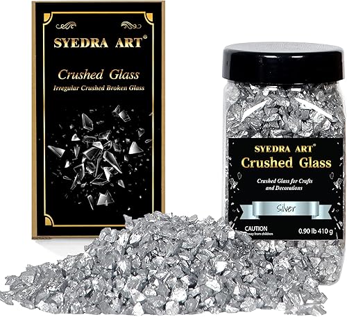 Syedra - Vidrio triturado para manualidades, chips triturados de alto brillo, piezas de vidrio roto, purpurina, 0.118-0.236in, 410G (plateado) Syedra - Vidrio triturado para manualidades, chips triturados de alto brillo, piezas de vidrio roto, purpurina, 0.118-0.236in, 410G (plateado)