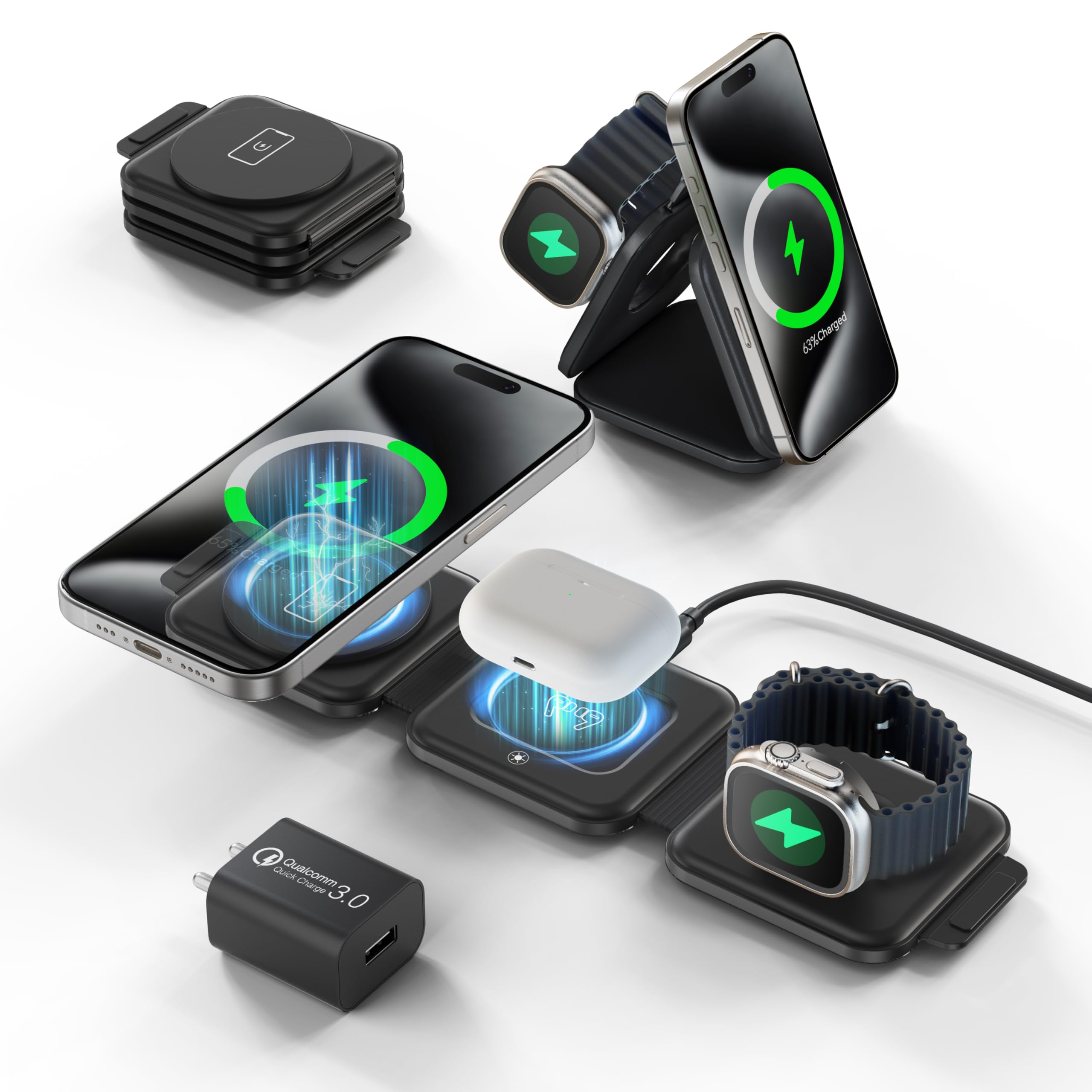 HEYMIX 3 in 1 Wireless Charger - Wireless Charging Station, Magasafe Wireless Travel Charger Foldable, Portable Wireless Charging Pad Compatible with iPhone 14/13/12, Apple Watch, AirPods, Samsung (B0DBZHLGD4) Amazon Price History, Amazon Price Tracker