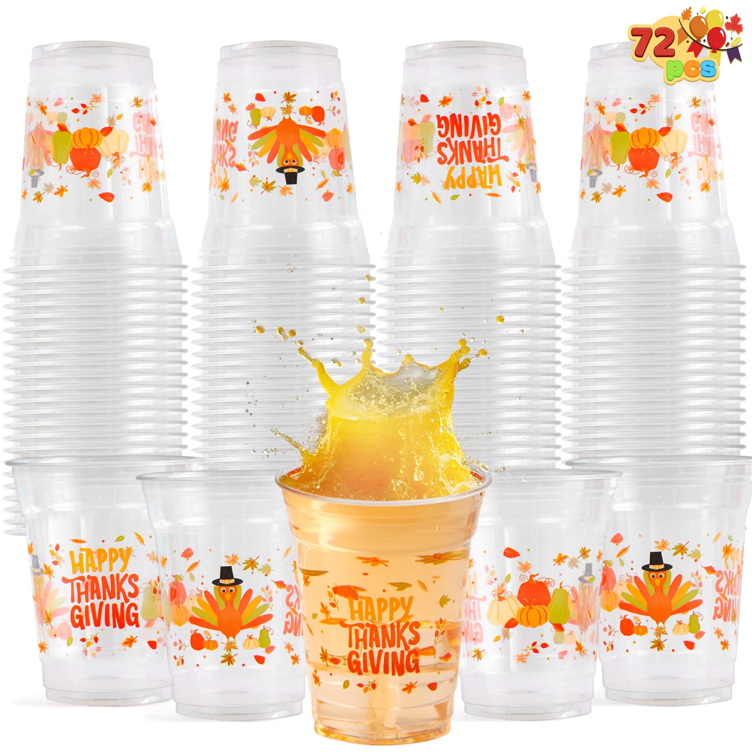 JOYIN 72 Pcs Thanksgiving Disposable Plastic Cups,12 OZ Pumpkin Maple Leaves Cups for Juice, Coffee and Hot/Cold Drinks, Thanksgiving Party Supplies,