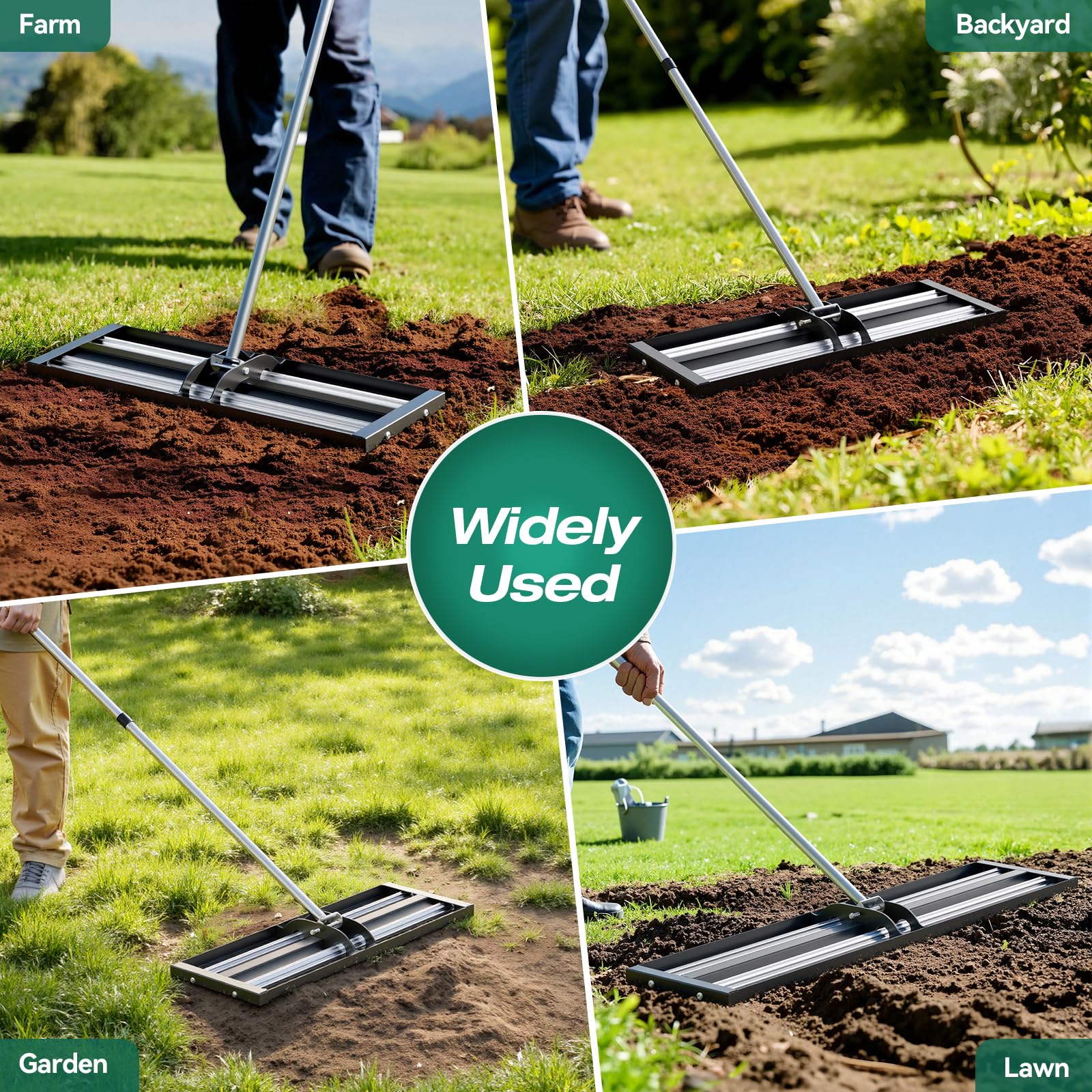 Warmiehomy Rastrillo nivelador de césped de 76 x 25 cm, nivelador de césped para jardinería con mango ajustable de 213 cm y barra rodante, rastrillo nivelador de césped resistente para suelo, césped