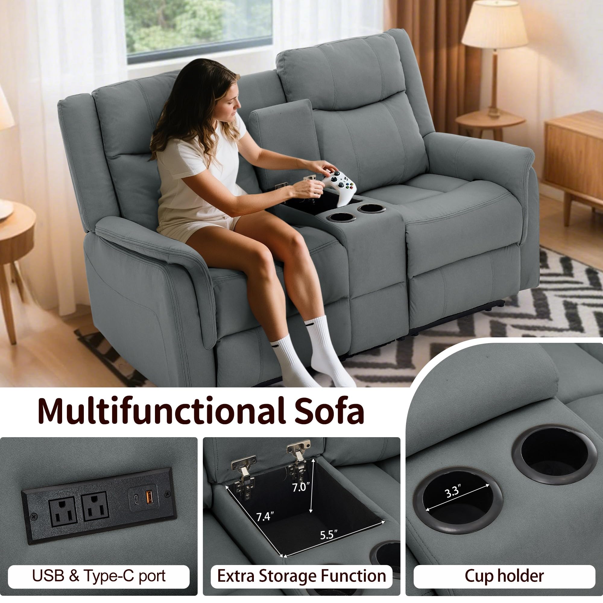 Korser Loveseat Recliner Sofa, Reclining Loveseat Couch, Reclining Couch with Co — product photo