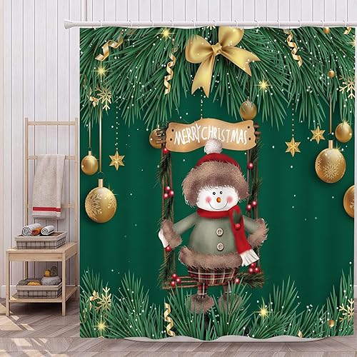 Cortina de ducha de Navidad para baño cortinas de baño de hoja de pino verde cortina de baño de muñeco de nieve con campanas doradas decoración de