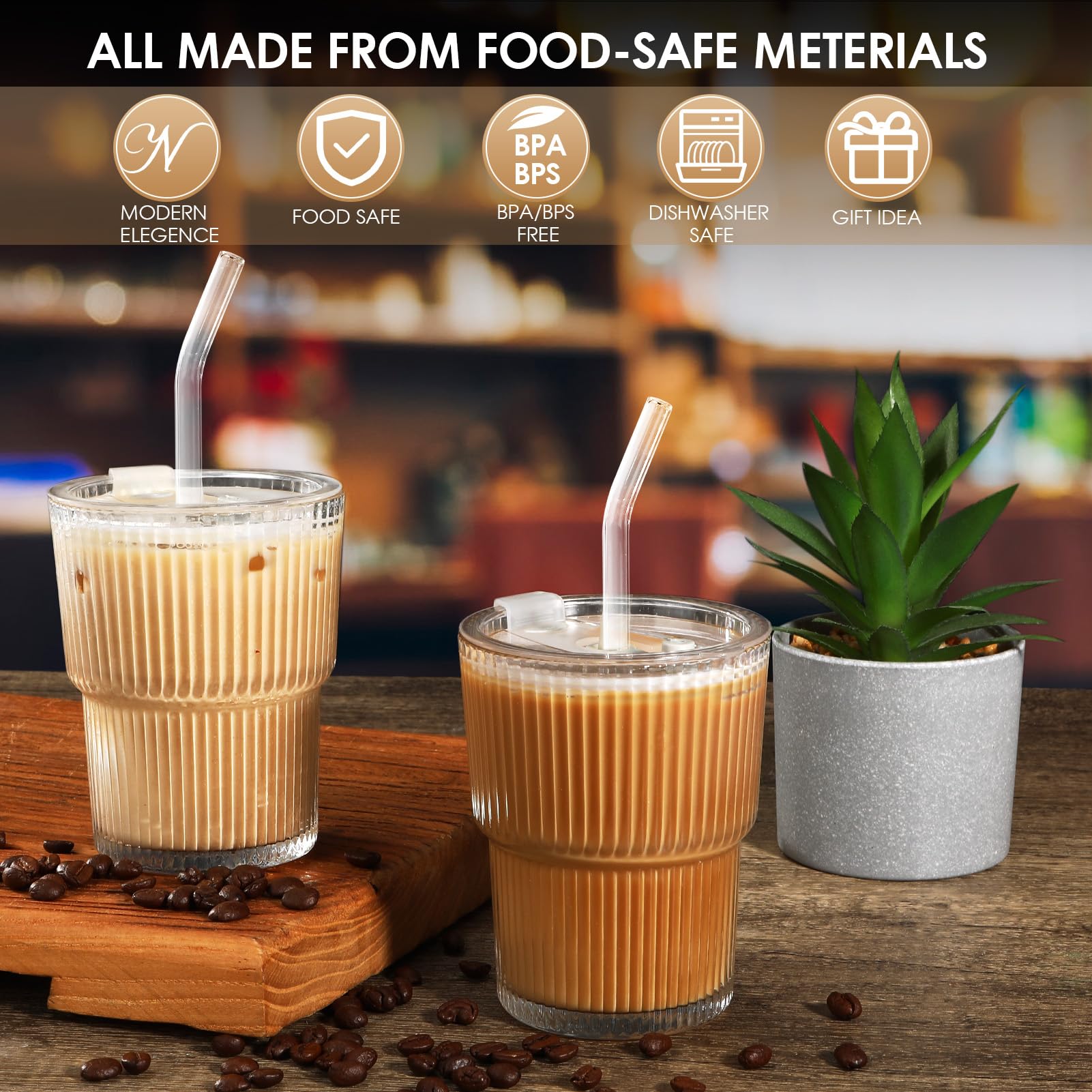 Mozvvco Lot de 2 Verres à Eau avec Couvercles et Paille, 400 ML, Gobelets à Eau Réutilisables, Tasses à Café Rayées, Gobelet avec Paille pour Smoothies, Jus, Café, Bubble Tea