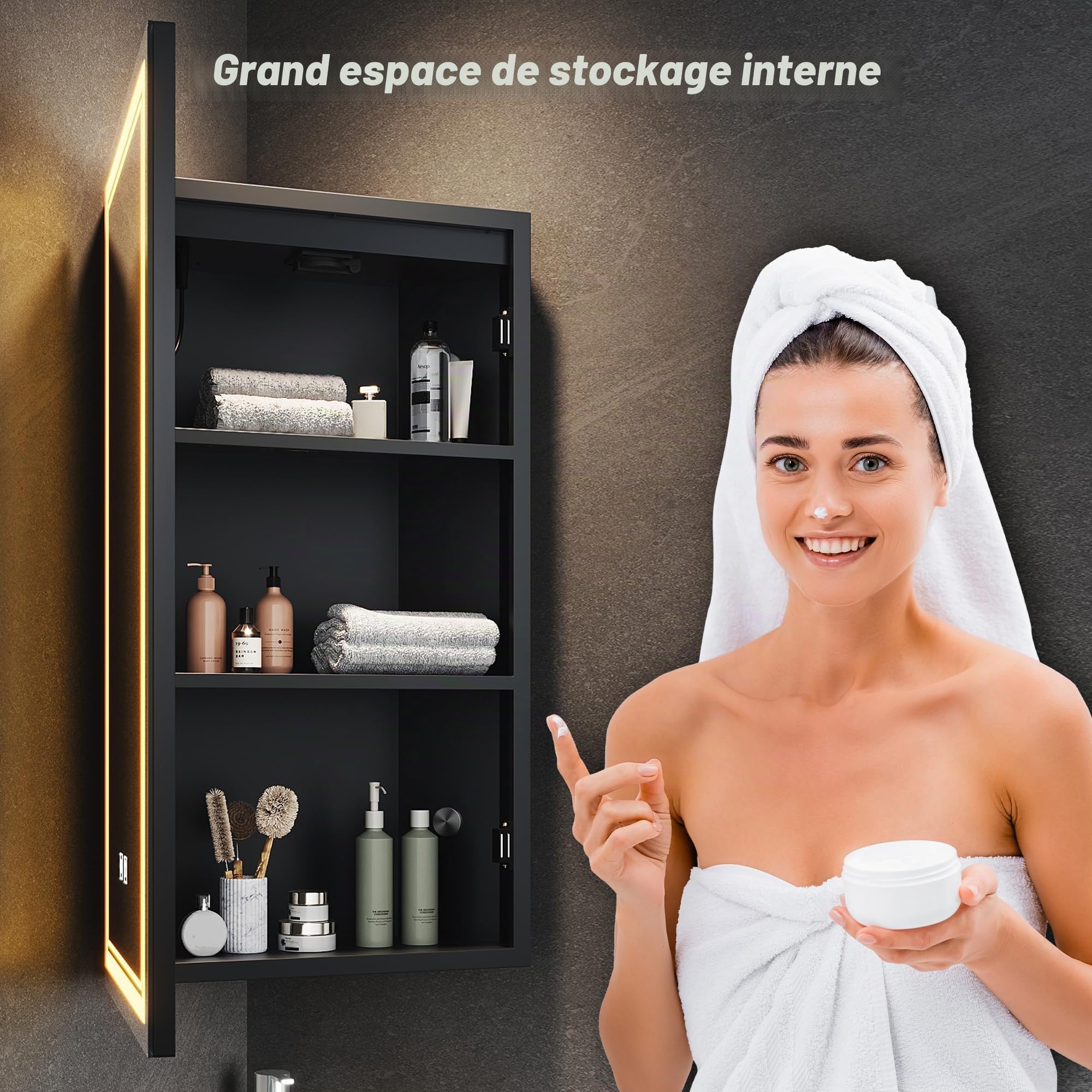 SONNI Armoire miroir d'angle avec éclairage, armoire à miroir triangulaire LED avec prise, intensité variable, 3 couleurs à intensité variable, armoire murale de salle de bain sans brouillard, armoire