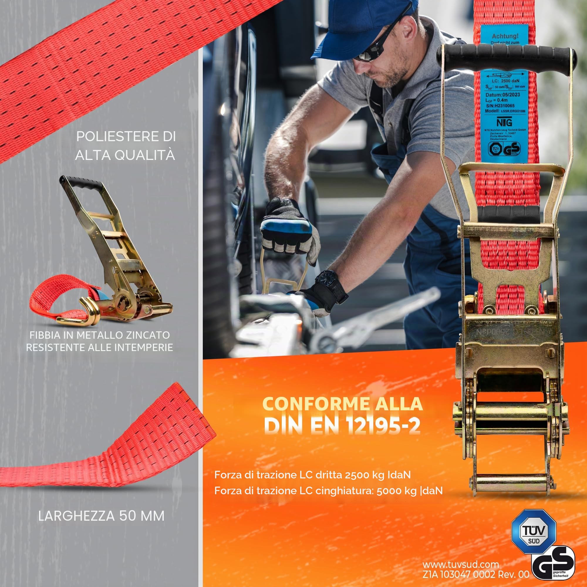 10 cinghie di ancoraggio con cricchetto ergonomico e gancio, 5000 kg, 8 m, 2 pezzi, per camion, TÜV/GS