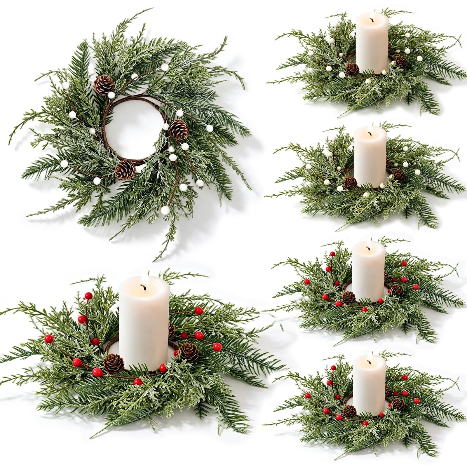 6 PCS Christmas Wreath Candle Rings Mini Wreath Pine Garland Artificial Frosted Cedar and Pine Cone Candle Rings Holder for Christmas Wedding Home Table Centerpiece Door Window Chair Wall
