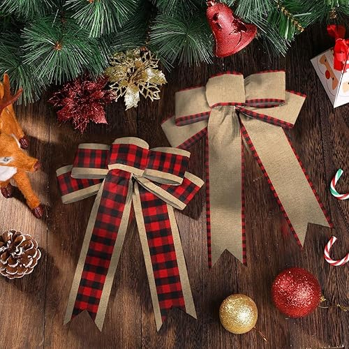 Miniatura 4 de 2 rollos de cintas de tela de Navidad para decoración de Navidad, 10 yardas, color rojo y marrón, cintas tejidas de arpillera para fiestas de