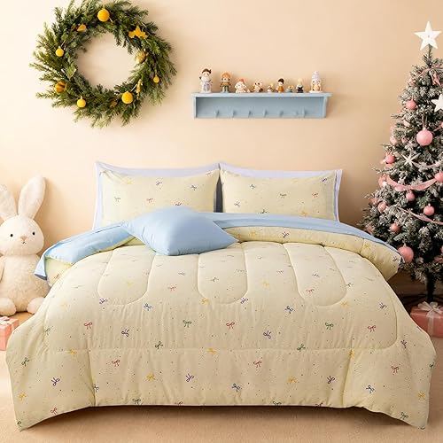 Meeting Story Bedding Set for Girl,6 Pcs Pink Comforter Set Rainbow Bow Bedding 
