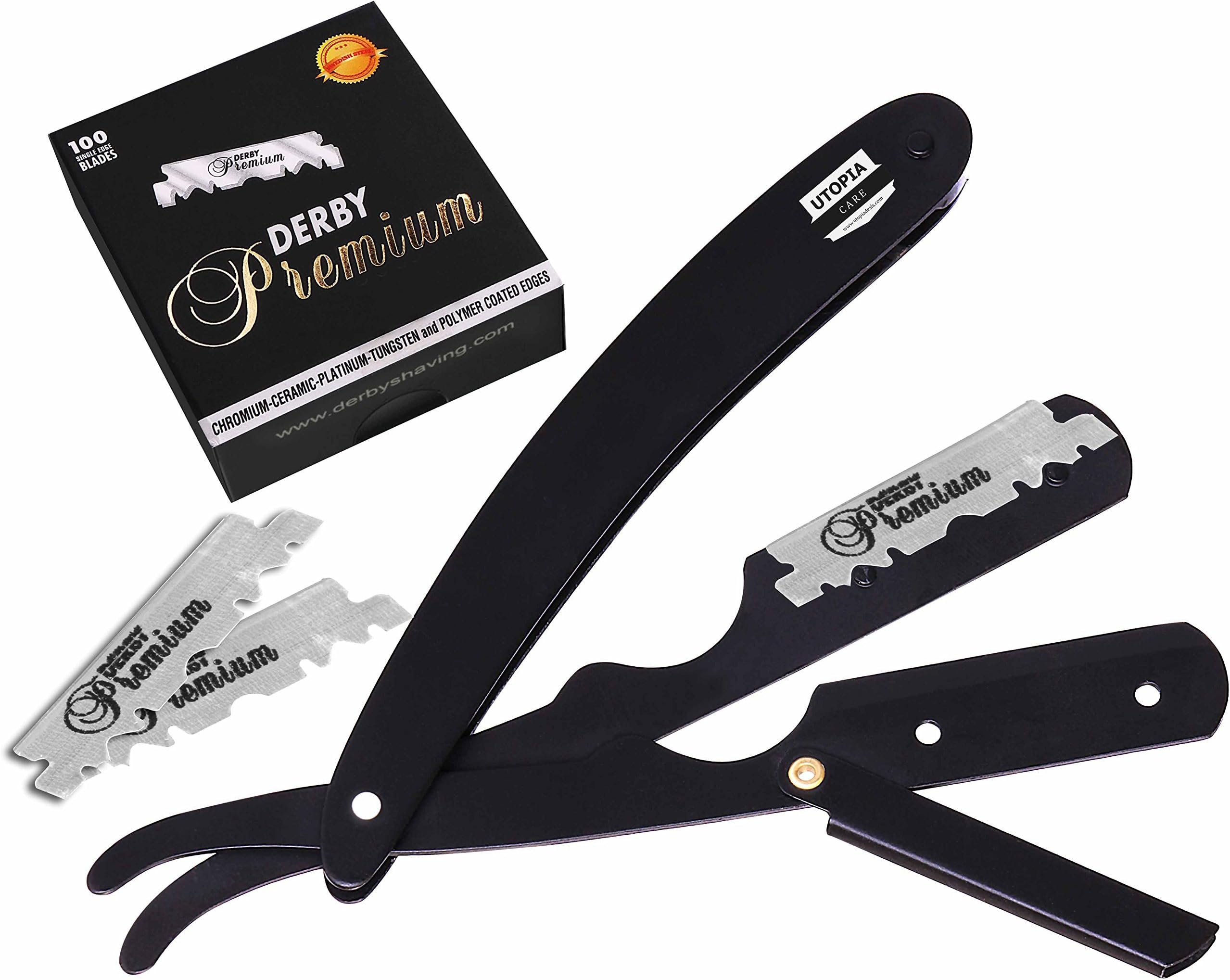 Utopia Care Professional Barber Straight Edge Razor Safety with 100-Pack Derby Blades - 100 Percent Stainless Steel